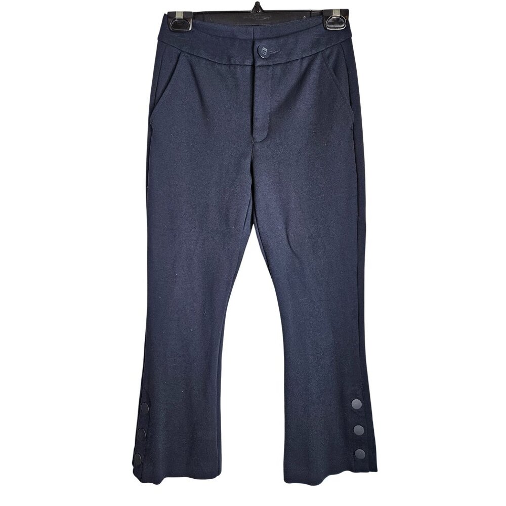 Cabi Womens Blue Crop Flare Button Accent Stretch Knit Trousers Pants Size 0